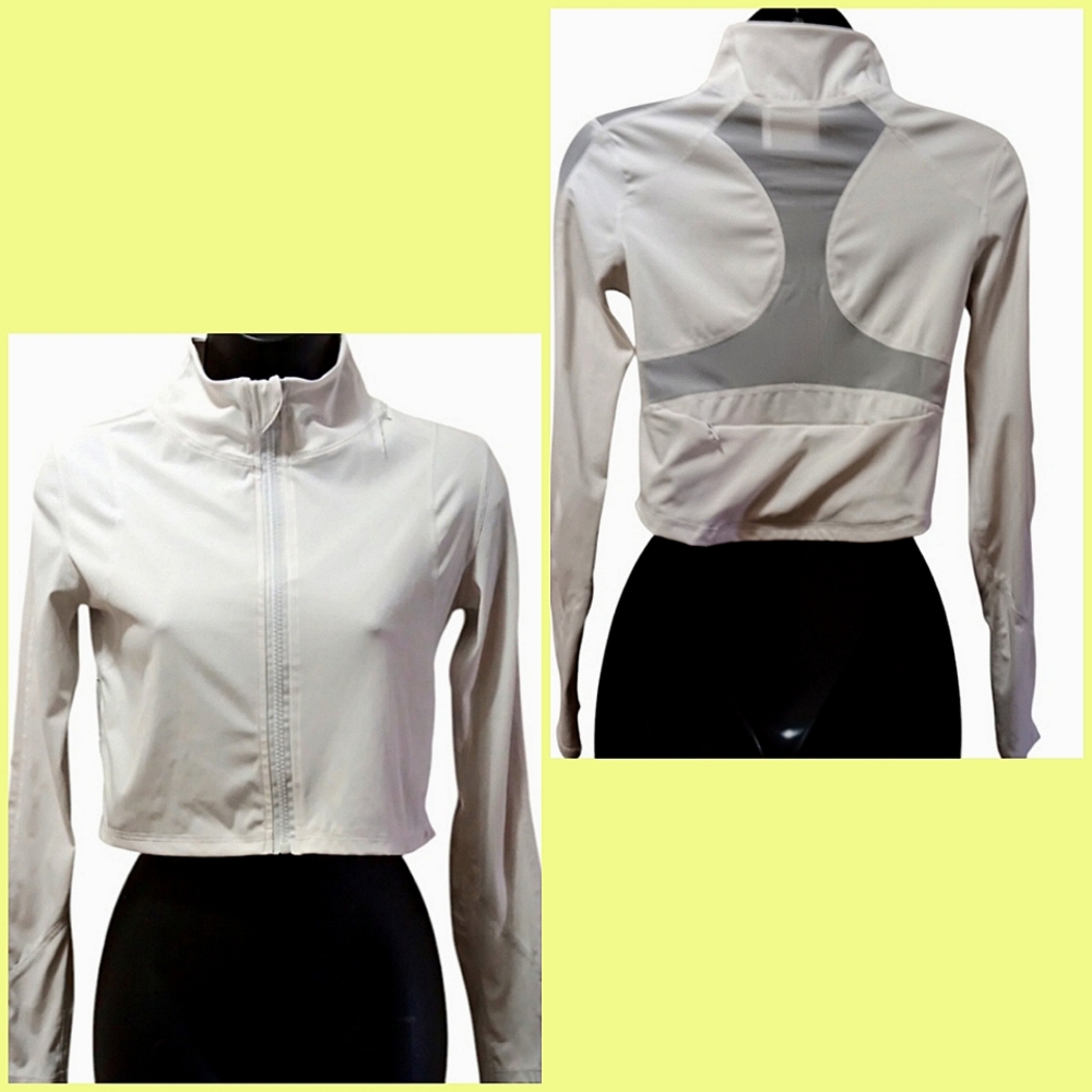 - - FRONT ZIPPER  WHITE CROP TOP WITH MESH INSETS